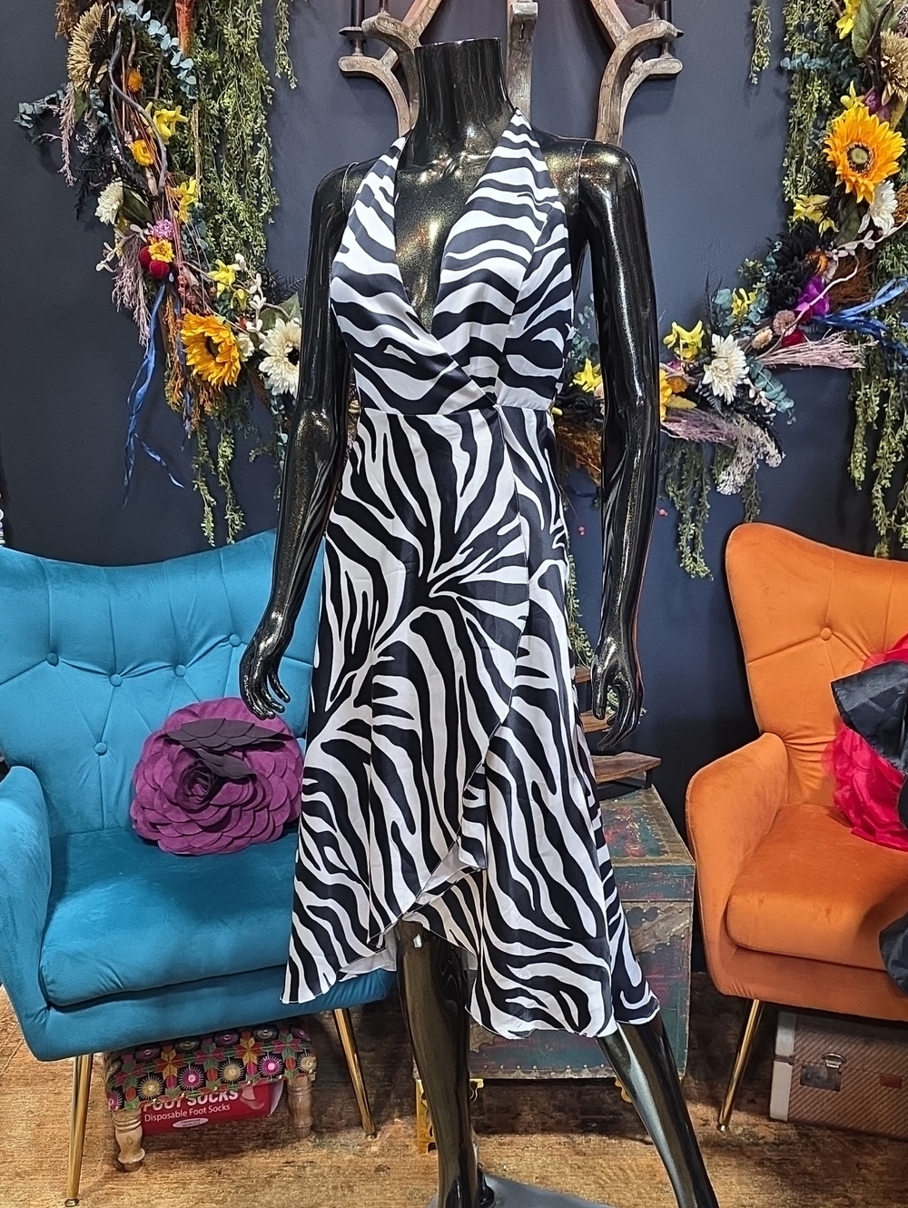 Zebra-Print 100% Silk Asymmetrical Halter Dress - Black & White
